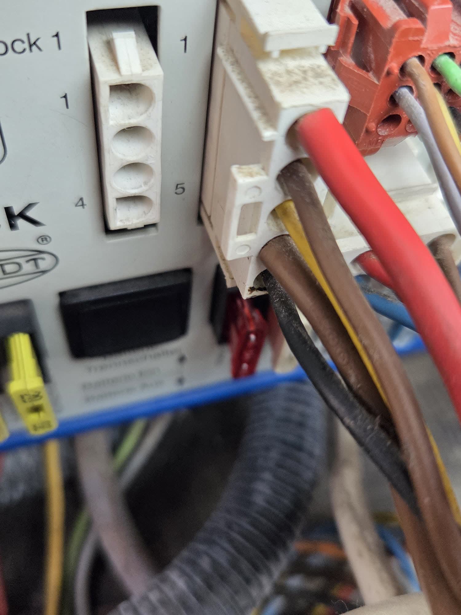 Conector blanco Block 2 del Elektroblock Schaudt derretido por sobrecorriente sostenida